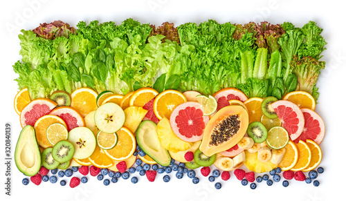 Fototapeta Naklejka Na Ścianę i Meble -  Fresh fruit greens healthy diet concept. Tropical mixed citrus salad food background, pineapple, orange isolated on white. Colorful fruits berries. Dieting health meal vegetarian health concept
