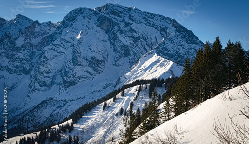 Beautiful alpine winter view at the famous Rossfeldstrasse near Berchtesgaden, Bavaria, Germany photo