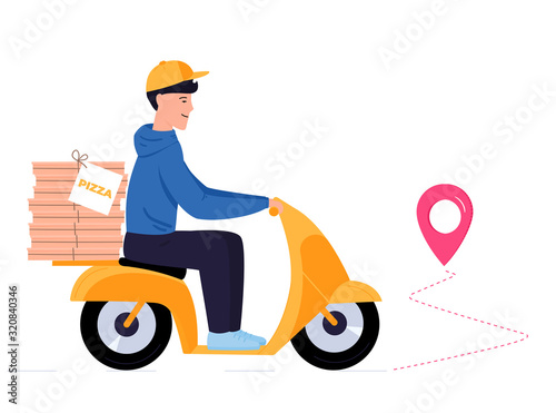 Delivery guy delivering pizza on a yellow motobike. Man riding a scooter