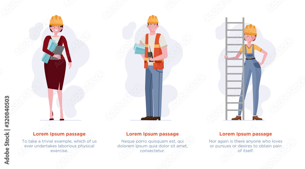 Architects and engineers set. Builders in hardhats, foreman flat vector illustration. Construction site, building, engineering concept for banner, website design or landing web page