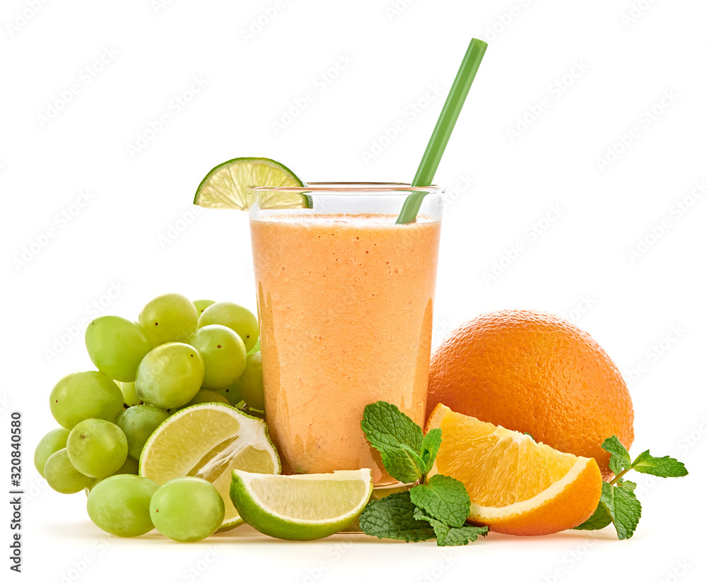 Healthy fresh fruit orange smoothie in glass. Tasty citrus fruits refreshing juicy cocktail. Food and drink, health vitamin concept. Raw mixed ingredients for smoothie isolated on white Healthy fresh fruit orange smoothie in glass. Tasty citrus fruits refreshing juicy cocktail. Food and drink, health vitamin concept. Raw mixed ingredients for smoothie isolated on white