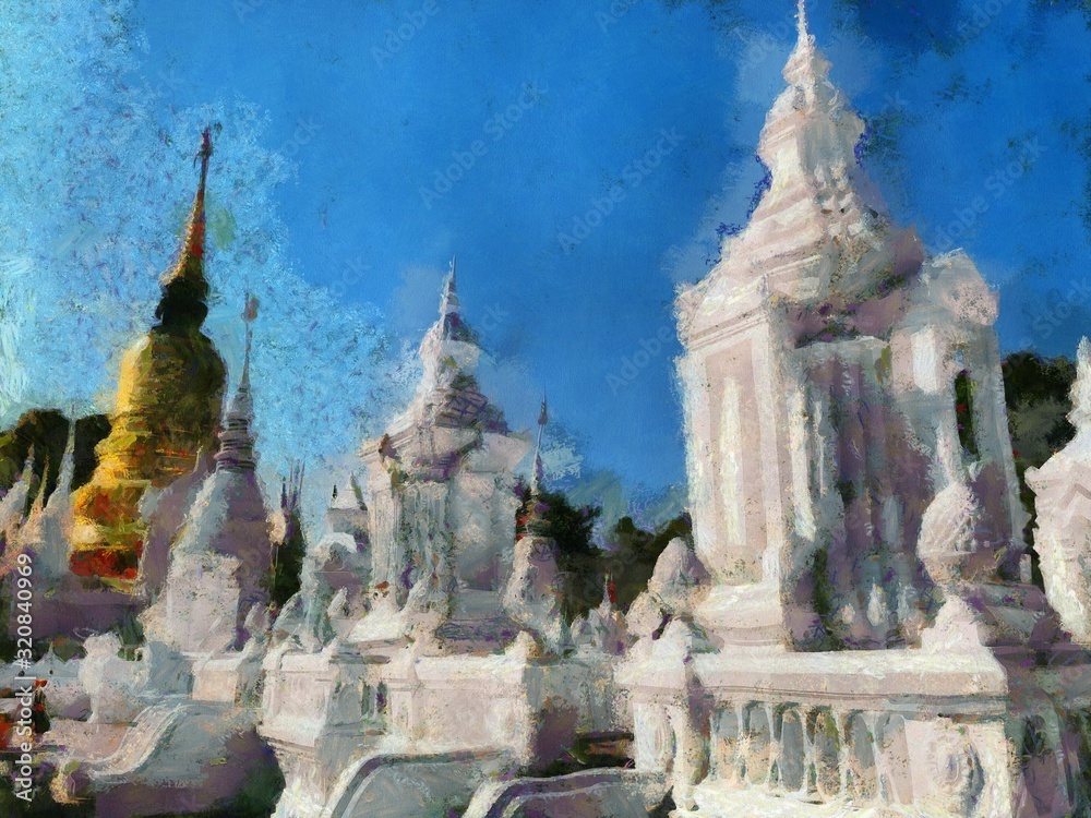 Wat Suan Dok temple Chiang Mai Thailand Illustrations creates an impressionist style of painting.