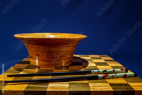 Hand turned oak bowl with ChopSticks 0290 photo