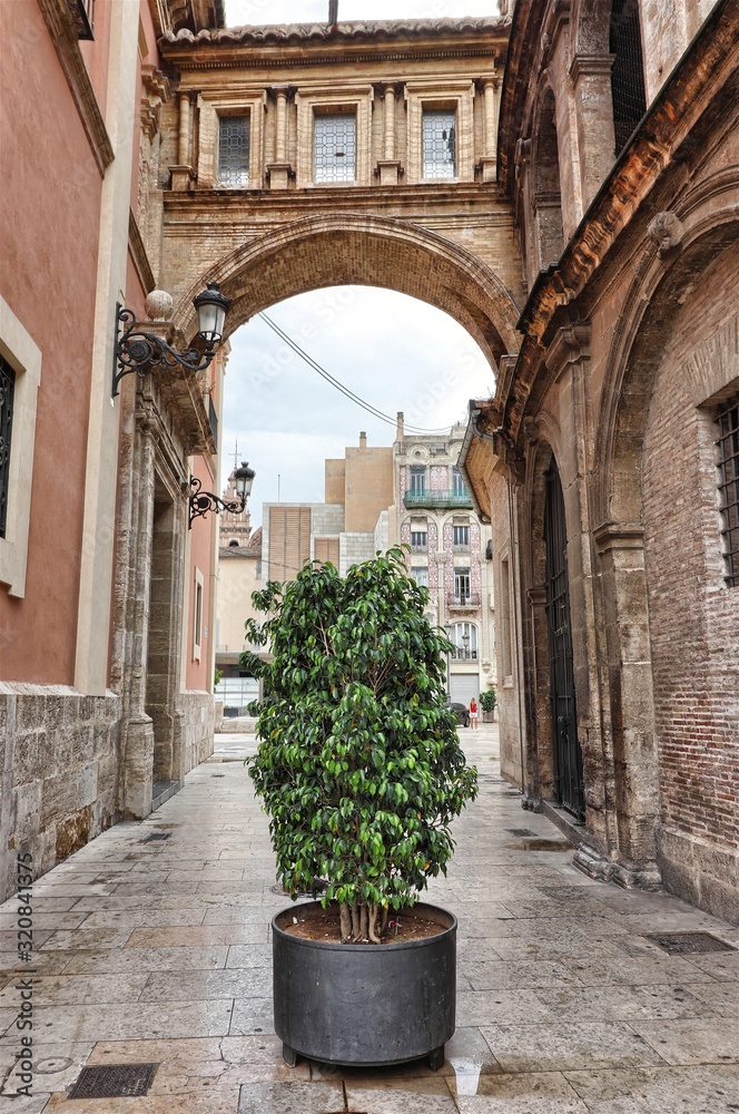 Obraz premium Cathedral arch Barchilla street in Valencia, Spain