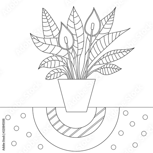 Flower with leaves in a pot coloring page. Hand drawing coloring book for children and adults. Beautiful drawings with patterns and small details. One of a series of painted pictures. Vector artwork. 