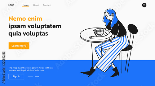 Young female book reader in cafe. Student girl reading book at table flat vector illustration. Knowledge, literature, hobby concept for banner, website design or landing web page