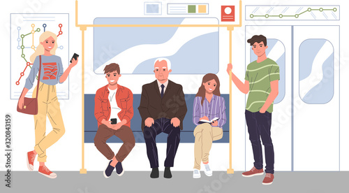 Men and women standing in subway vector illustration. City dwellers using public transport. People commuting in metro, passengers in underground train car