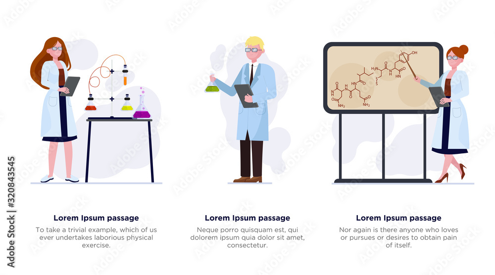 Scientists presenting research results set. Presentation of molecule structure, chemical reaction flat vector illustration. Science, study concept for banner, website design or landing web page Scientists presenting research results set. Presentation of molecule structure, chemical reaction flat vector illustration. Science, study concept for banner, website design or landing web page