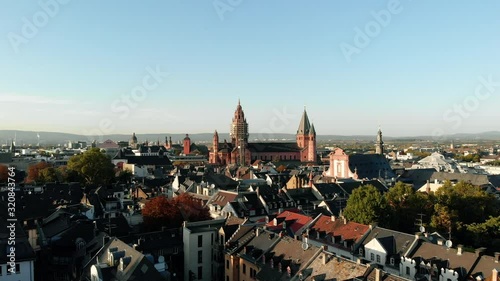 Aerial pedestal shot of the Old Town of Mainz Germany during the day. photo