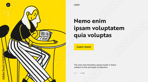 College student with textbook in cafe. Young woman reading book at table flat vector illustration. Knowledge, studying, learning concept for banner, website design or landing web page