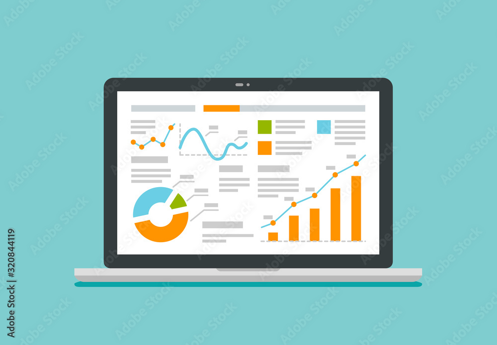 Laptop screen with data analysis graphs and charts. Business vector illustration Laptop screen with data analysis graphs and charts. Business vector illustration