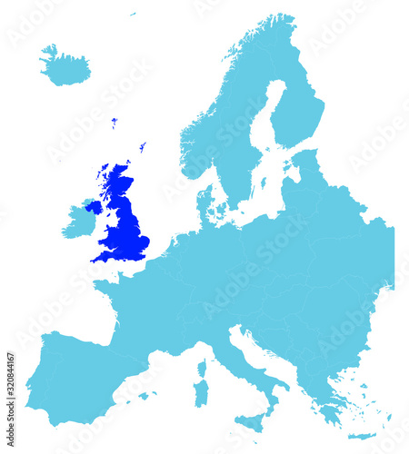 Blue map of UE and UK. Vector outline illustration.