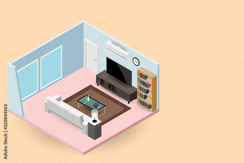 Concept room isometrics 3d composition with a sofa and a large wide screen TV, a living room with many furnitures, a window and door vector modern design. Concept room isometrics 3d composition with a sofa and a large wide screen TV, a living room with many furnitures, a window and door vector modern design.