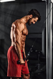 Bodybuilding Workout at the Gym. Bodybuilder Lifting Weights in the Gym, performing cable Triceps Exercise. Copy Space