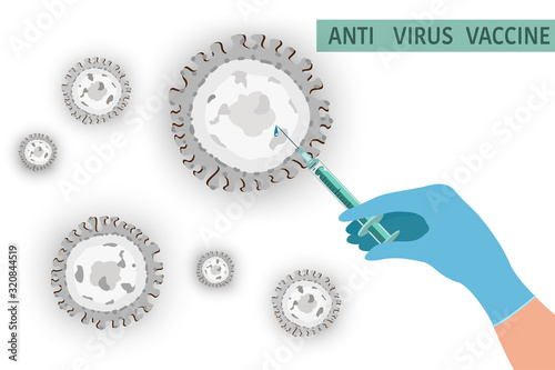 doctor hand wearing blue grove injection Influenza virus cells and syringe with vaccine Anti Coronavirus concept