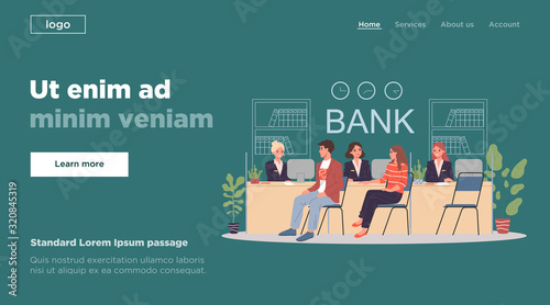 Bank customers consulting managers in office. Clients discussing loan terms flat vector illustration. Banking, service, finance concept for banner, website design or landing web page