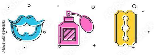 Set Mustache and beard, Aftershave and Blade razor icon. Vector