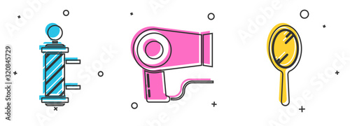 Set Classic Barber shop pole, Hair dryer and Hand mirror icon. Vector