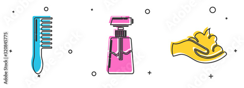 Set Hairbrush, Cream or lotion cosmetic tube and Shaving gel foam on hand icon. Vector