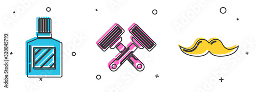 Set Aftershave, Crossed shaving razor and Mustache icon. Vector