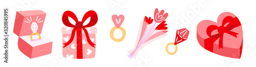 Proposal marriage, vector illustration flat design. Man is holding in hand an open box with a wedding ring and diamond.