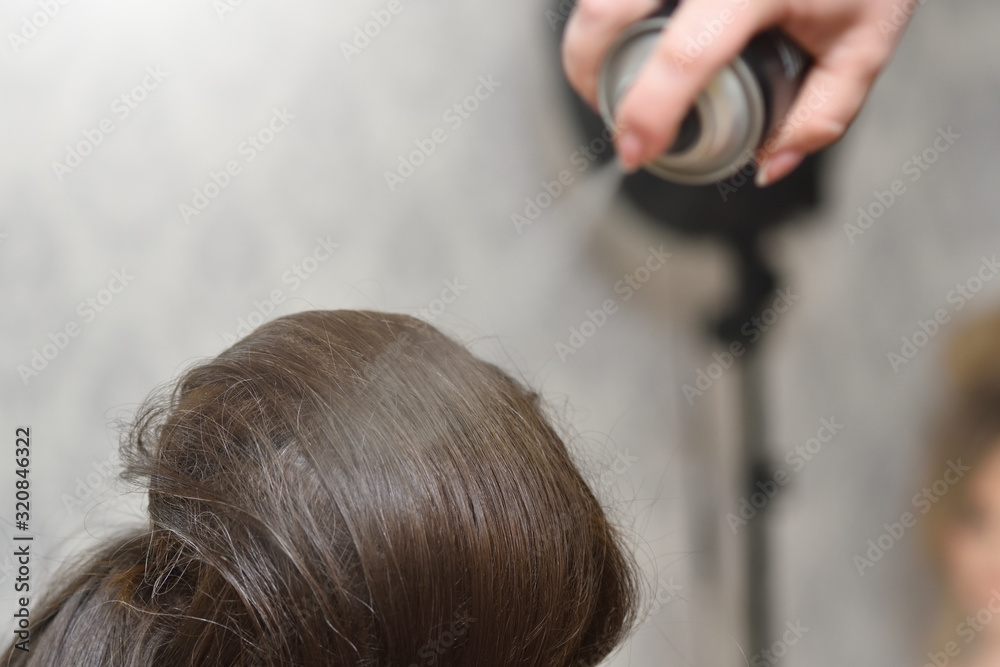 Female head and hair spray. The girl the hairdresser applies hair spray when creating a voluminous hairstyle in a beauty salon. Female head and hair spray. The girl the hairdresser applies hair spray when creating a voluminous hairstyle in a beauty salon.