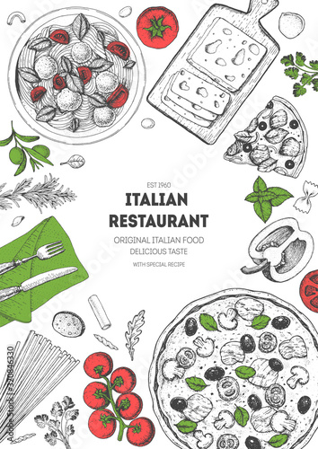 Italian food top view menu template. A set of Italian dishes with pasta and pizza. Food menu design template. Vintage hand drawn sketch vector illustration. Engraved image