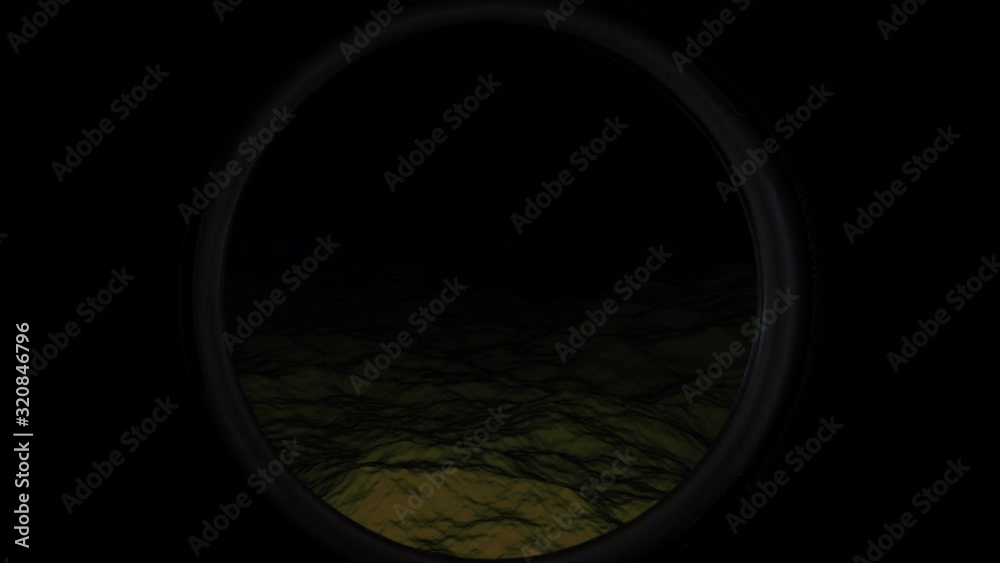 Looking out a submarine porthole window as it moves forward deep underwater near the ocean floor.