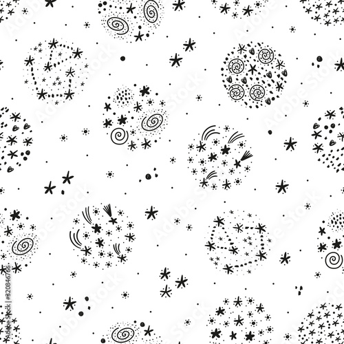 Space Seamless Vector Pattern with Doodle Planet and Stars. Cartoon Space Background with Abstract Fantasy Planets with Starry Pattern. Magic Black and White Wallpaper for Kids