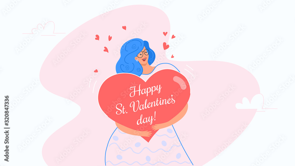 Beautiful smiling woman hugging heart symbol as Valentines greeting card Beautiful smiling woman hugging heart symbol as Valentines greeting card