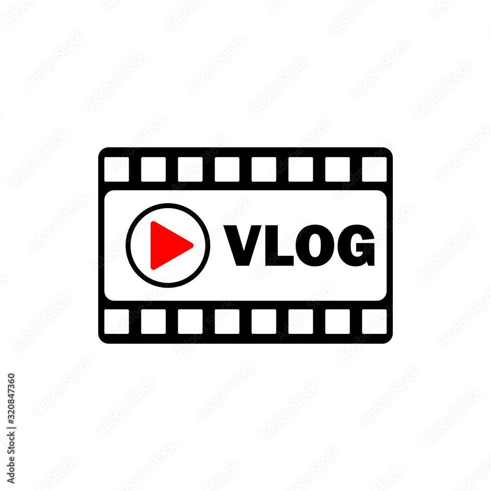 Vlog icon with play button and movie strip. Vector symbol on white background Vlog icon with play button and movie strip. Vector symbol on white background