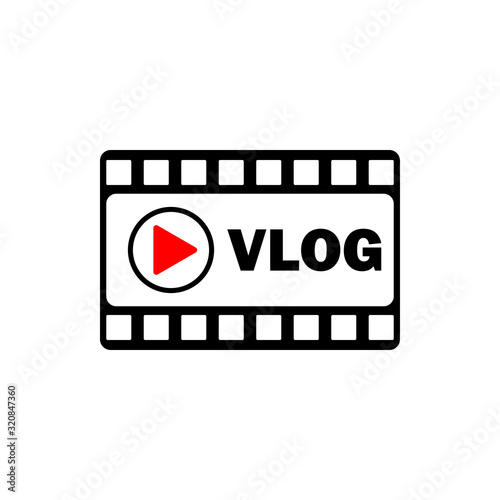 Vlog icon with play button and movie strip. Vector symbol on white background photo