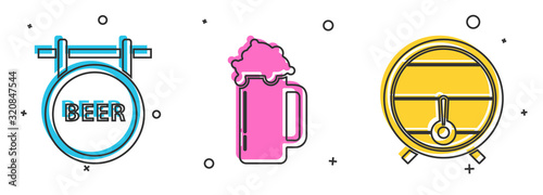 Set Street signboard with inscription Beer, Glass of beer and Wooden barrel on rack with stopcock icon. Vector