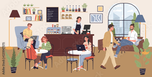 Coffee shop vector illustration. People drinking coffee at tables, using computers. Modern cafe interior image for barista job, coworking concept