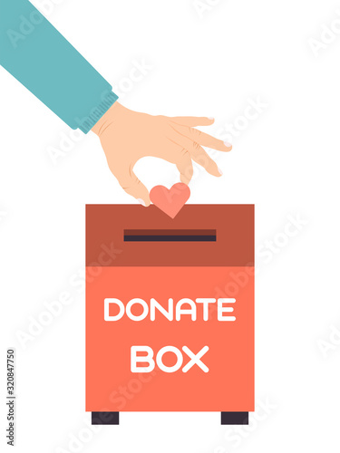 Hand put a heart in donation box. Donations boxes with hearten vector illustration. People throw hearts into a charity case