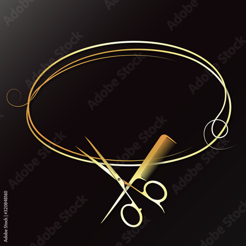 Hair stylist scissors and comb golden curls hair silhouette for beauty salon