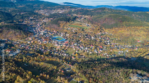 Aerial view of Karpacz city at the foot of Sniezka and the Karkonosze National Park