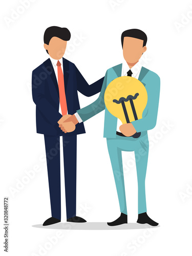 Businessman shake hands, hold idea bulb. Partnership, startup and search of investments concept. The men in suits holding light bulb and shaking hands