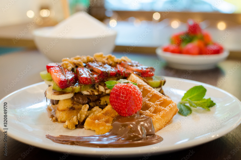 Ready to eat waffle with Strawberry and chocolate- Stock image Ready to eat waffle with Strawberry and chocolate- Stock image