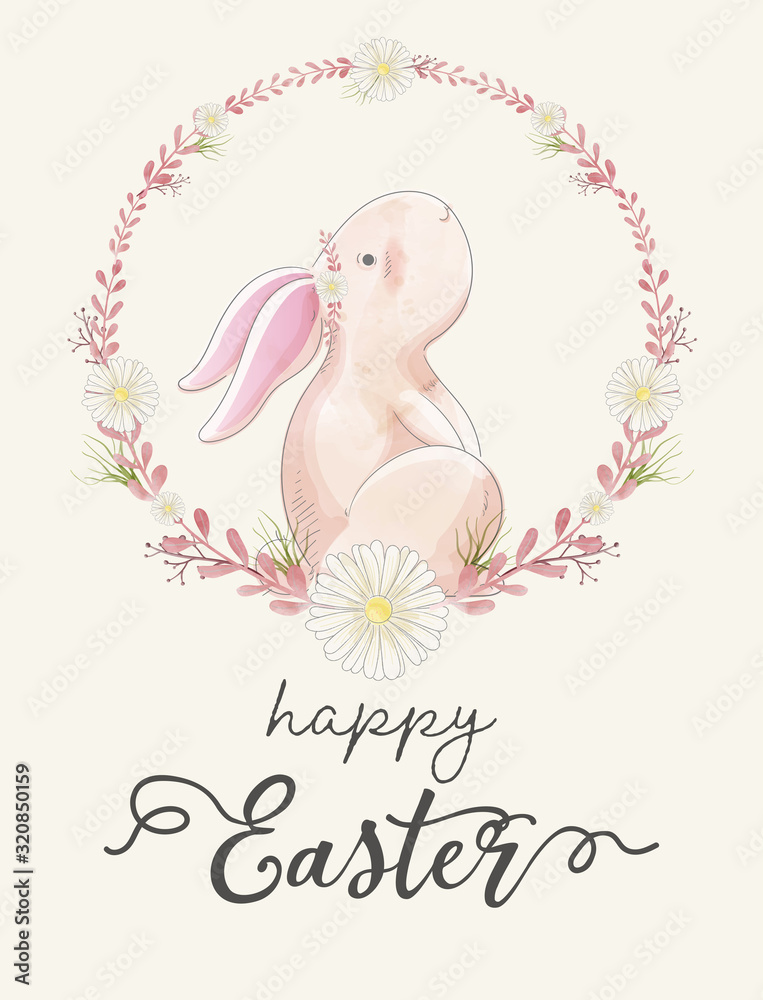 Watercolor painting of Easter day's card. Rabbits among the flower wreath. Design for card, poster, postcard, wallpaper, letter.