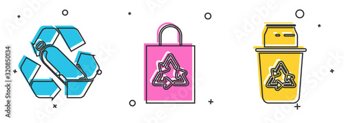 Set Recycling plastic bottle, Plastic bag with recycle and Recycle bin with recycle symbol and can icon. Vector