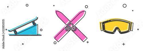 Set Skateboard on street ramp, Ski and sticks and Ski goggles icon. Vector