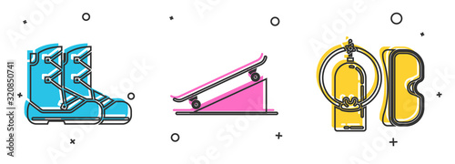 Set Boots, Skateboard on street ramp and Diving mask and aqualung icon. Vector