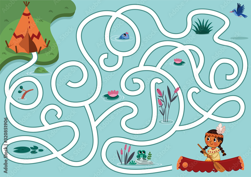 Can you help the native girl to find the village? Vector puzzle game for kids. Native American Girl maze Game For Kids. Vector illustration.
