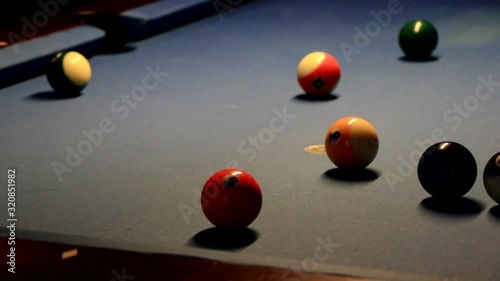 Close up of pool balls on a pool table. photo