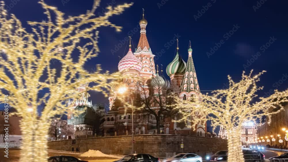 Evening hyper lapse of New Year winter decorated Red Square and Saint Basil's Cathedral (Cathedral of Vasily the Blessed), Moscow, Russia