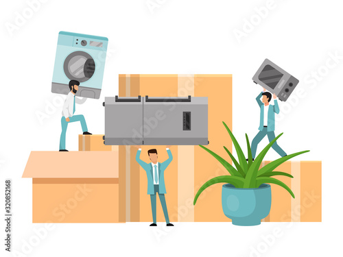 Loaders team with cardboard boxes. Movers with household appliances vector illustration. Moving and delivery company concept