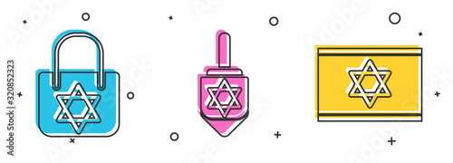Set Shopping bag with star of david, Hanukkah dreidel and Flag of Israel icon. Vector
