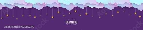 Night sky seamless pattern in paper cut style. Cut out 3d background with violet and blue gradient cloudy landscape with stars on rope papercut art. Cute vector origami clouds repetitive border