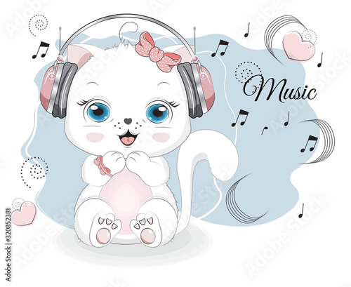 white cat in earphones and gifts